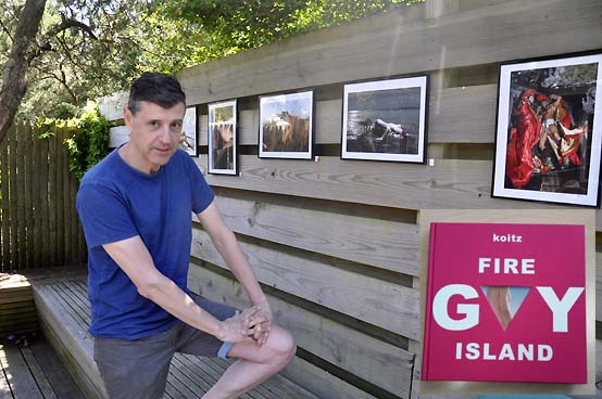Koitz & his photos, Cherry Grove Artists Tour  2019 - photo by Bruce-Michael Gelbert (inset: Koitz "Gay Fire Island" book cover - photo by KOITZ)
