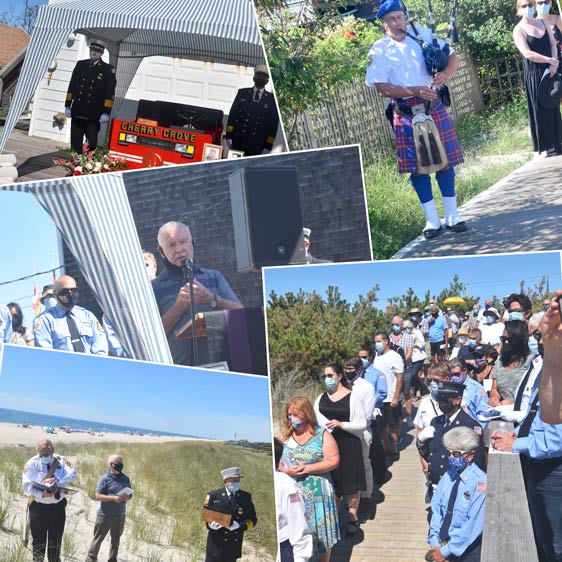 photos by Bruce-Michael Gelbert    Honor Guard, Emerald Society bagpiper, John Behan remembers Dominic DeSantis; singer & 2nd Assistant Chief Kay Davis at left, scattering Dominic DeSantis' ashes: Chaplain Kurt Gahan, John Behan & Ex-Chief Steve Williams, community gathers for the scattering of Dominic's ashes