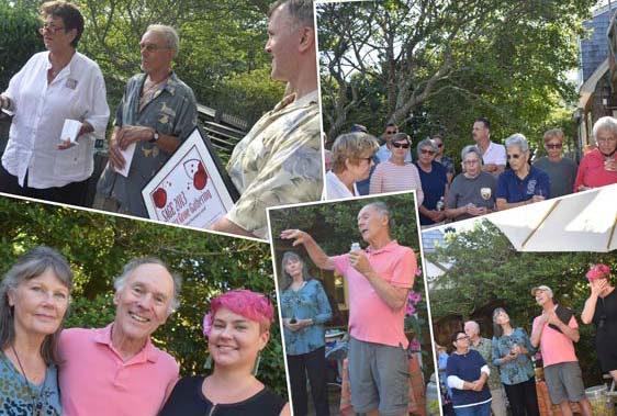 Jack Dowling (center), with Diane Romano & Michael Adams at July 20, 2013 SAGE event at Windy Hill, Jack Dowling memorial, Polly, Peter & Jossie Dowling, Polly Dowling & Peter with Jack's ashes - photos by Bruce-Michael Gelbert