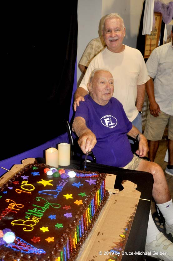 Dominic DeSantis, John Behan (standing behind him) & the 90th birthday cake, July 2019