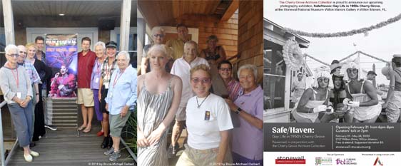 Archives Collection members at the Community House for July 2018 Film Festival - Archives Collection members at the Community House for July 2019 Archives Show (photos by Bruce-Michael Gelbert) - poster for "Safe/Haven: Gay Life in 1950s Cherry Grove" in Wilton Manors (courtesy of Cherry Grove Archives Collection)