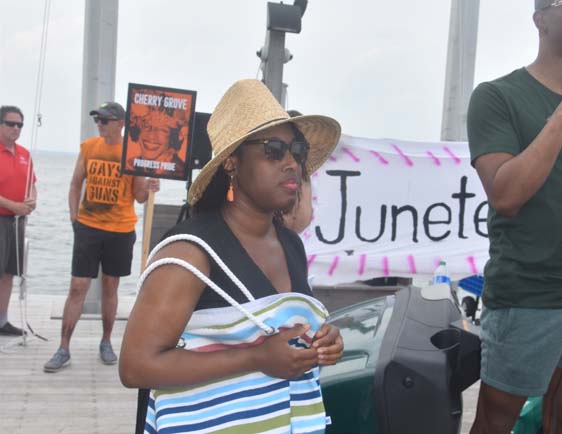 April Freely at the Cherry Grove dock on Juneteenth - photo by Bruce-Michael Gelbert