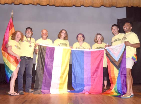 the "Rainbow Connection" company (left to right): Sheila Morgan, Bruce-Michael Gelbert, Bob (Rose) Levine, Cleopatra McLaughlin, Wendy Pinkhouse, Stephanie Trudeau, Adam Odsess-Rubin, & Gaven Trinidad - photo by Ray Bagnuolo
